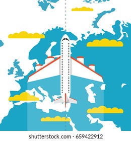 Airplane flying above the clouds. Around the world travelling concept. Flat cartoon style. Vector illustration.