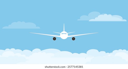 Airplane flying above clouds, airplane icon on blue sky background. Vector, cartoon illustration. Vector.