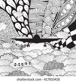 The airplane is flying above the clouds. Flying on a plane. Sky, sun, clouds, aircraft. Summer. It's time to travel. Adults coloring book page. Art, zentangle, zen art.