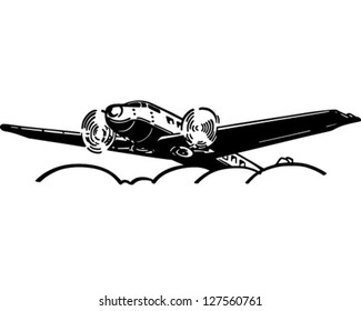 Airplane Flying Above Clouds - Retro Clipart Illustration