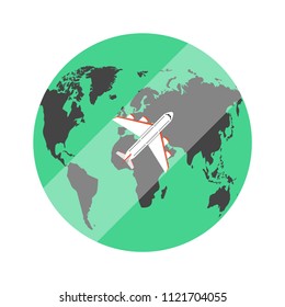 Airplane flying above the earth. Around the world travelling concept. Flat cartoon style. Vector illustration.
