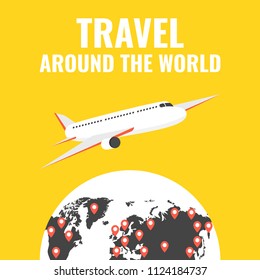 Airplane flying above the earth. Around the world travelling concept. Flat cartoon style. Vector illustration.