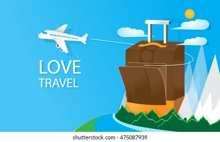 Airplane flying above luggage, Tourism and vacation theme, travel and vacations concept