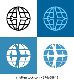 Airplane flying above the planet. Vector icon design, logo template.