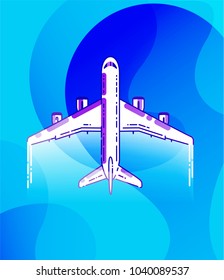  Airplane flying above sea, gradient shaped clouds. Plane top vector illustration. Transportation. 