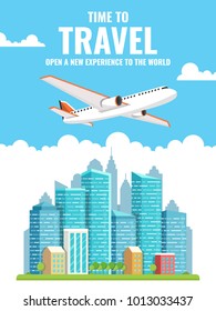 Airplane flying above the town. Around the world travelling banner. Vector illustration.