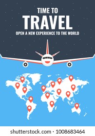 Airplane flying above the world map. Around the world travelling banner. Vector illustration.