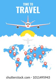 Airplane flying above the world map. Around the world travelling banner. Vector illustration.