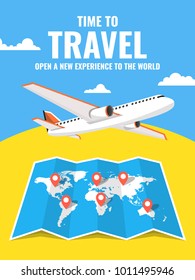 Airplane flying above the world map. Around the world travelling banner. Vector illustration.