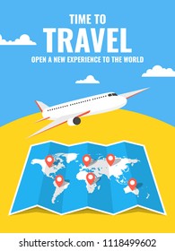 Airplane flying above the world map. Around the world travelling banner. Vector illustration.