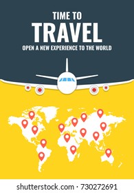 Airplane flying above the world map. Around the world travelling banner. Vector illustration.