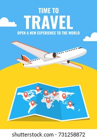 Avión volando por encima del mapa del mundo. Cartel de viaje alrededor del mundo. Ilustración vectorial.