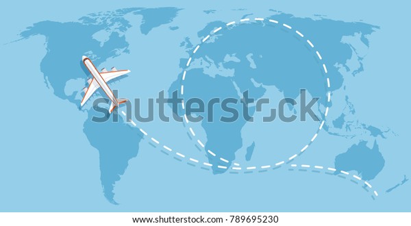 世界地図の上を飛ぶ飛行機 航空機の移動平面ベクター画像コンセプト 飛行旅行の世界地図イラスト のベクター画像素材 ロイヤリティフリー