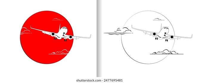 El avión está volando contra el fondo del gran sol rojo. Vuela de vacaciones. Concepto de libertad. Dos versiones: color, blanco y negro. Aislado. Perfecto para el diseño, el tatuaje.