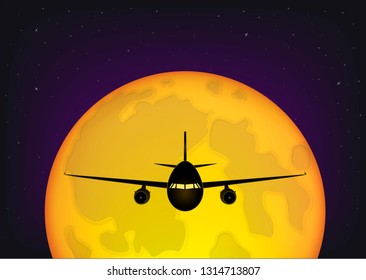 airplane flying against the background of the full moon and the starry night sky, horizontal vector illustration