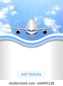 Airplane flying up against the sky. Air travel. Design a flyer, poster, banner with place for text. Vector illustration. 