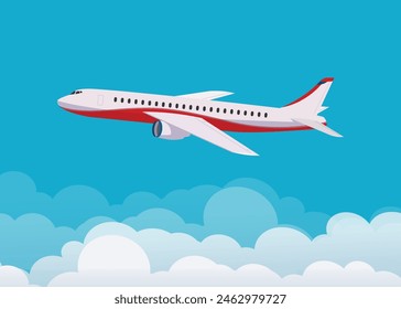 Airplane flying up against the sky , flying through clouds in the blue sky. Flat design style. Vector illustration