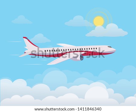 
Airplane flying up against the sky , flying through clouds in the blue sky. Flat design style. Vector illustration 