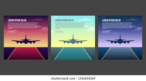 Airplane Flying Airport Morning Evening Night Sky Web Banner Vector