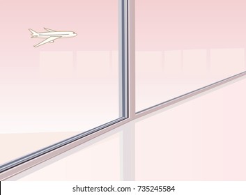 Airplane flying, airport window, vector illustration