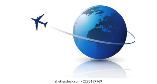 Airplane Flying All Around Planet Earth, Blue Globe - Transportation, Traveling By Air Concept, Vector Illustration - Reflective Design on White Background with Copyspace, Place, Room for Your Text