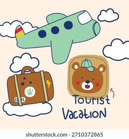 Airplane flying among clouds with bear badge and travel suitcase forming vacation theme. Travel concept
