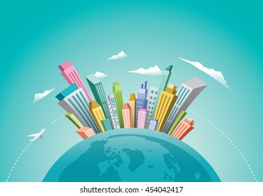 Airplane flying around city skyline globe