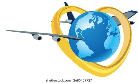 Airplane flying around the earth, forming a heart shape, illustrating global travel and connection