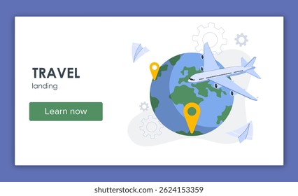Airplane flying around Earth globe with location pins, flat graphic style, on a white background with UI elements, concept of global travel and tourism. Vector illustration