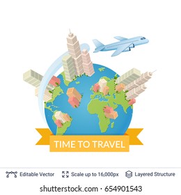 Airplane flying around the earth globe. Easy to edit travel vector background.