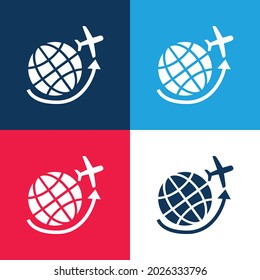 Airplane Flying Around Earth Grid blue and red four color minimal icon set