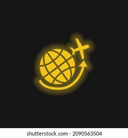 Airplane Flying Around Earth Grid yellow glowing neon icon