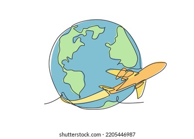 Airplane flying around the earth. Single continuous line world globe map graphic icon. Simple one line doodle for traveling concept. Isolated vector illustration minimalist design on white background