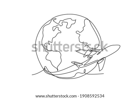 Airplane flying around the earth. Single continuous line world globe map graphic icon. Simple one line doodle for traveling concept. Isolated vector illustration minimalist design on white background