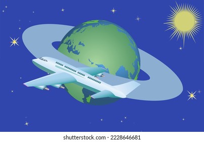 Avión volando por la tierra. Icono de viaje de ilustración de vector 