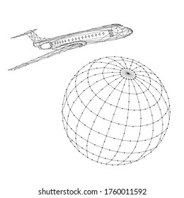 Airplane is flying around the globe from abstract futuristic polygonal black lines and dots. Vector illustration.
