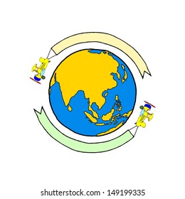 Airplane flying around a globe carrying a blank banner for text. 