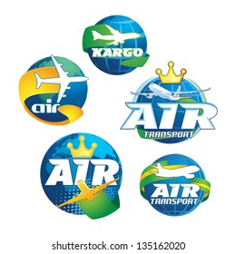 Airplane flying around the globe icons set