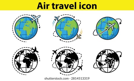 Airplane flying around globe icons showing international travel routes