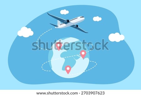 An airplane flying around the globe with location pins, symbolizing international travel, global connections, and worldwide destinations.