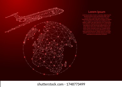 Airplane is flying around the globe map from futuristic polygonal red lines and glowing stars for banner, poster, greeting card. Vector illustration.