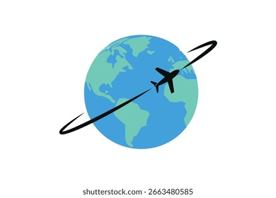Avião voando ao redor do globo com trajetória em órbita