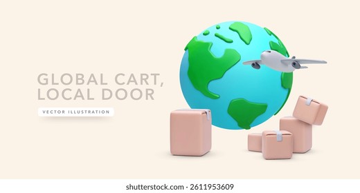 Airplane Flying Around Globe With Packages Representing Fast Global Shipping And International Delivery Services. Ideal For Ecommerce And Logistics. Vector Illustration.