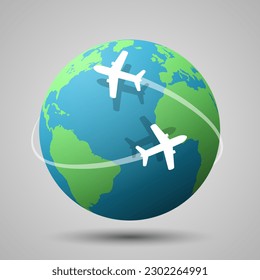 Airplane flying around the globe vector illustration. Worldwide travel and transportation concept. Earth Elements by Google Earth.