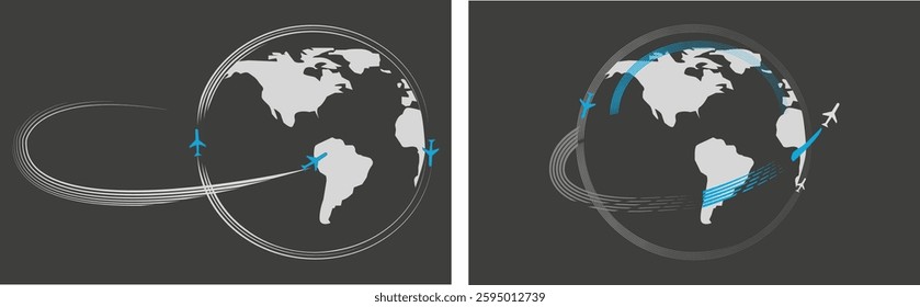 Airplane Flying Around Globe Vector. Symbolizes world travel, international flights. Editable vector illustration
