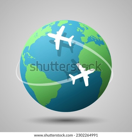Airplane flying around the globe vector illustration. Worldwide travel and transportation concept. Earth Elements by Google Earth.