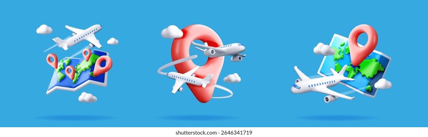 Airplane flying around map pointer and globe. Travel and tourism concept. World tour planning for holiday vacation.