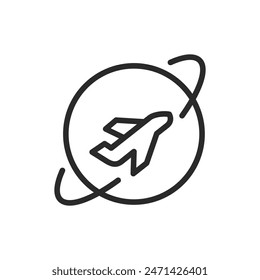 Airplane flying around planet, linear style icon. Air travel. Editable stroke width