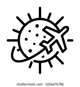 Avión volando alrededor del virus. Diseño sencillo. Vector de línea. Aislar sobre fondo blanco.
