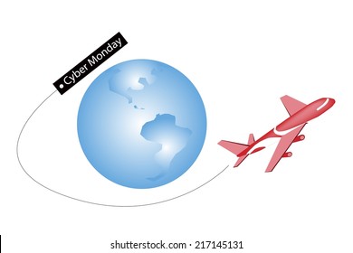 Airplane is Flying Around The World with Cyber Monday Flag, A Special Time for Start Christmas Shopping Season and Biggest Discount Promotion in A Year. 